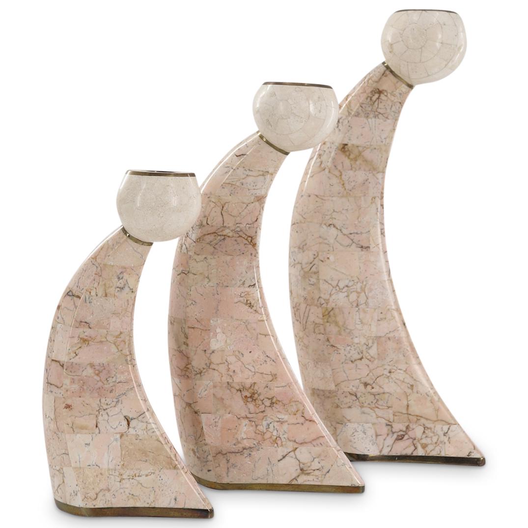 (3Pc) Maitland Smith Tessellated Marble Candlesticks (1 of 8)