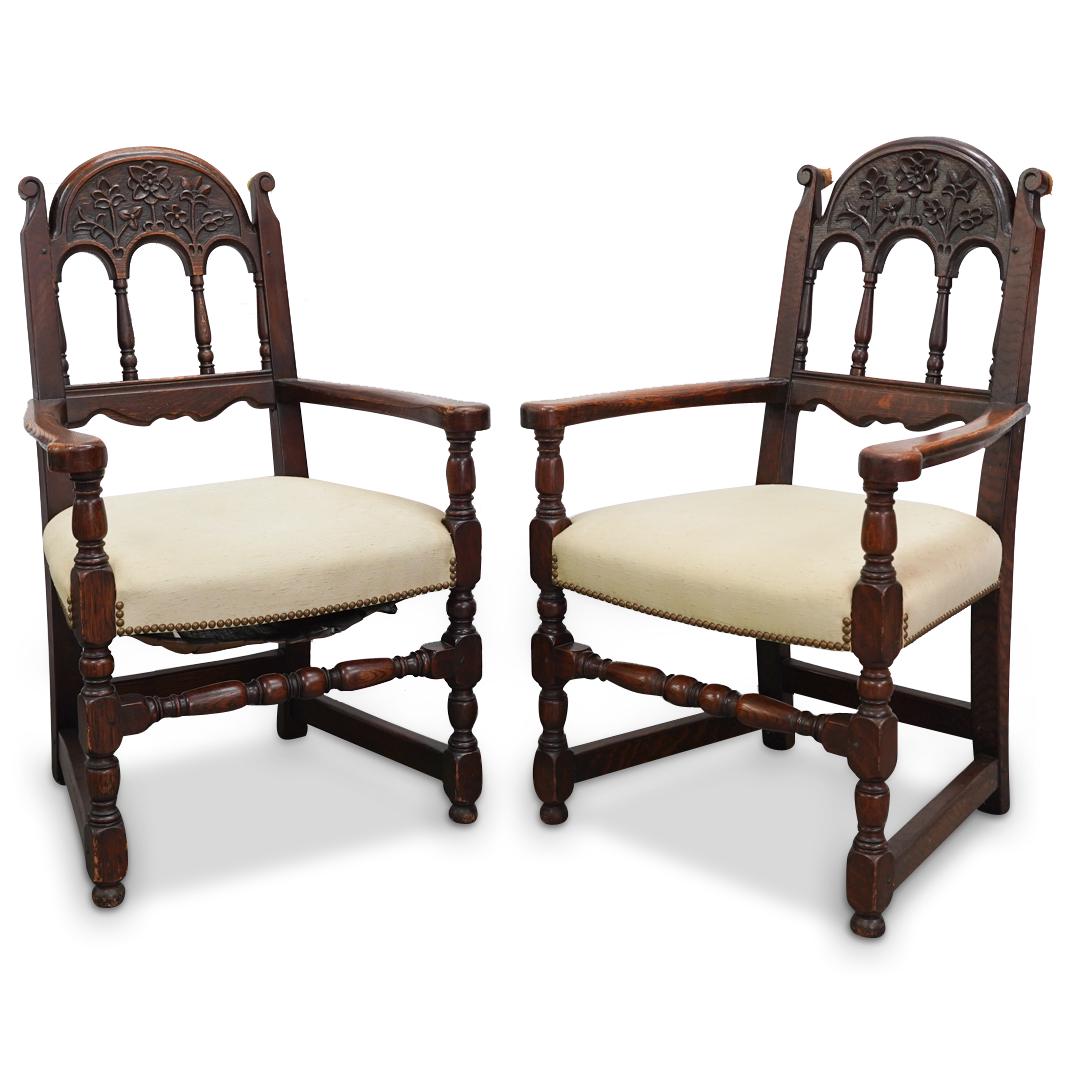 (2 Pc) Antique Jacobean Style Carved Oak Wood Armchairs (1 of 7)