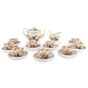 (20Pc) Antique English Imari Porcelain Tea Service: DESCRIPTION: (20pc) Antique English Imari Porcelain tea service with blue, orange, and gilt floral designs throughout. Label under teapot: "The British Antique Dealers Association, For Customs Purpose