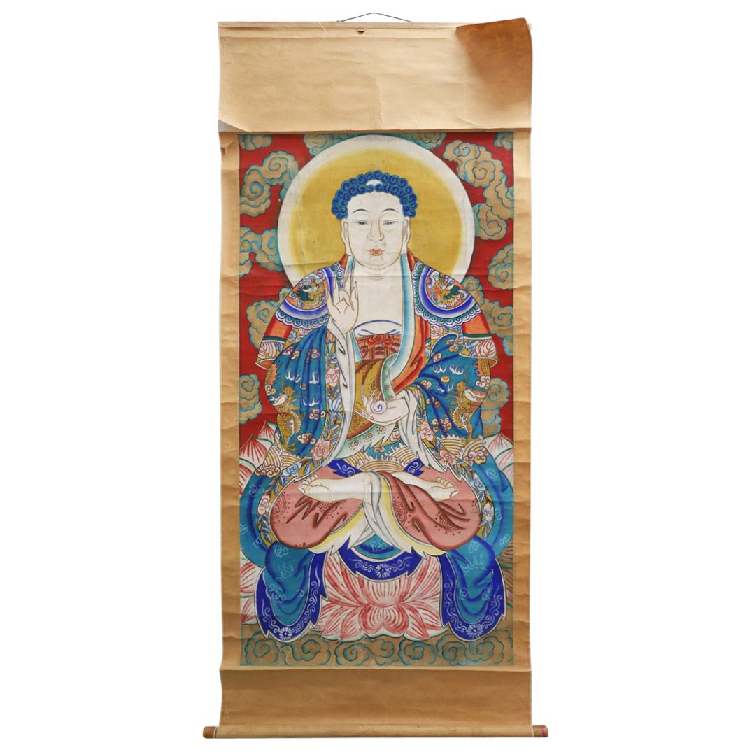Large Antique Chinese Buddha W/ Jewel Scroll Painting On Fabric (1 of 5)