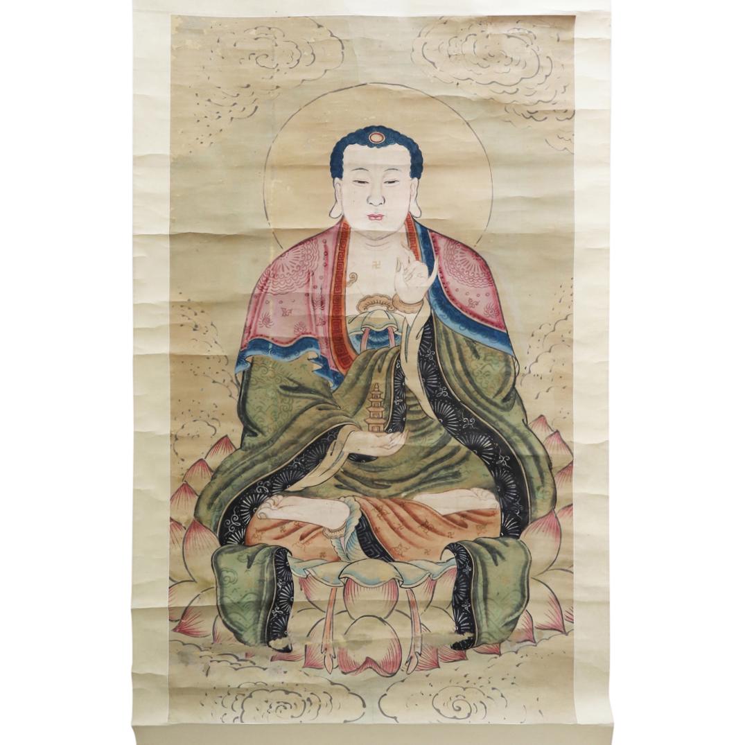 Large Antique Chinese Buddha With Pagoda Scroll Painting (1 of 5)