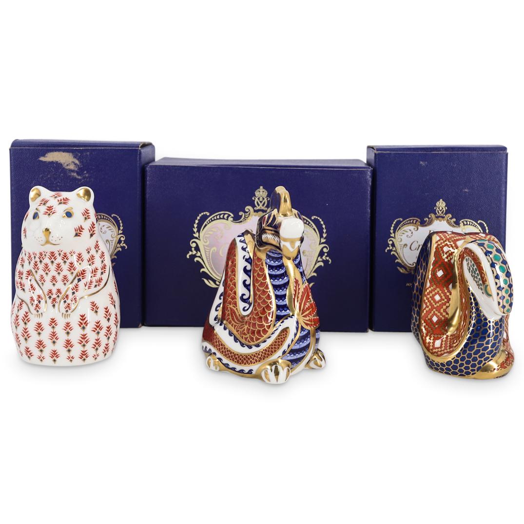 (3 Pc) Royal Crown Derby Bone China Animal Figures In Boxes: DESCRIPTION: Three Royal Crown Derby bone china animal figurines, each decorated with polychrome and gilt patterns and accents and stored in its own box. Dimensions and piece count are as follows: (1)