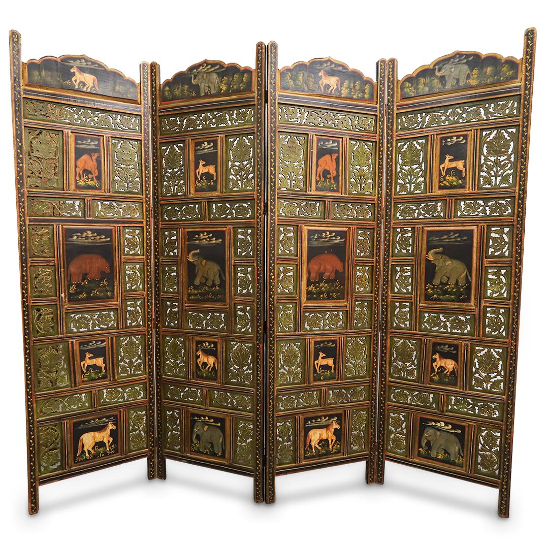 Vintage Indo Persian Hand Painted Four Panel Animal Screen (1 of 8)