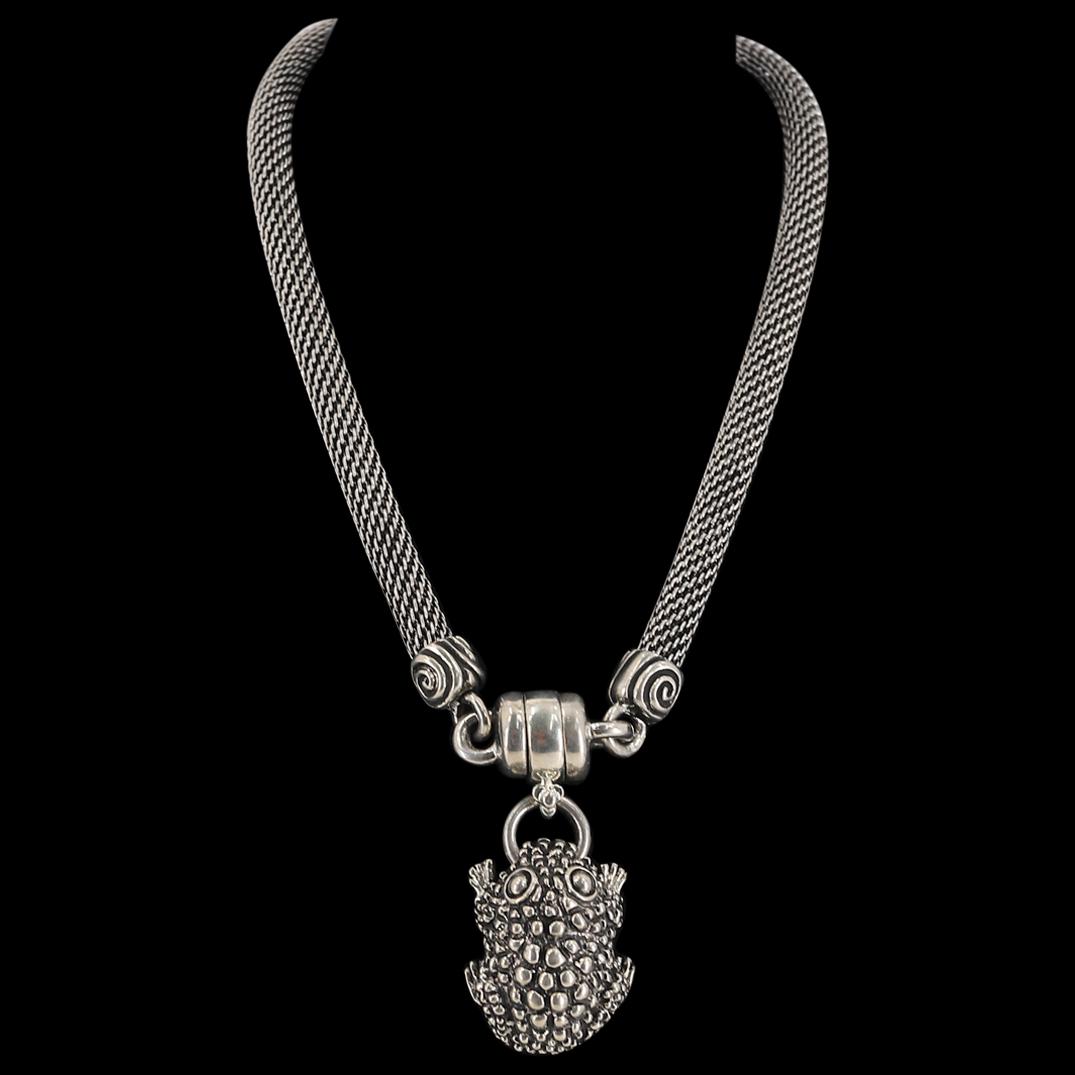 Vintage Cabot Signed Choker Necklace W/ Frog Pendant: DESCRIPTION: A vintage Cabot signed choker necklace with a frog pendant. Marked with "Cabot" signature hallmark. CIRCA: 20th Century DIMENSIONS: L: 18" Have a similar item to sell? Contact: Info@Akiba
