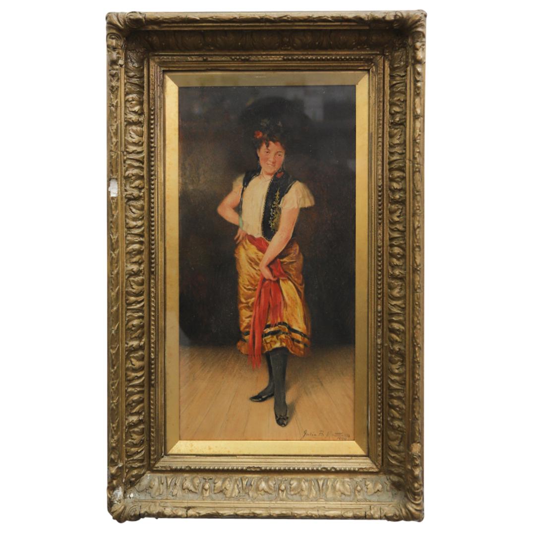 Juliet B. Mattheuy Watercolor Painting: DESCRIPTION: Juliet B. Mattheuy Watercolor on paper painting depicting a woman in dress posing. Signed lower right: "Juliet B. Matteuy" mounted in period frame. CIRCA: 1896 ORIGIN: DIMENSIONS: (Image)