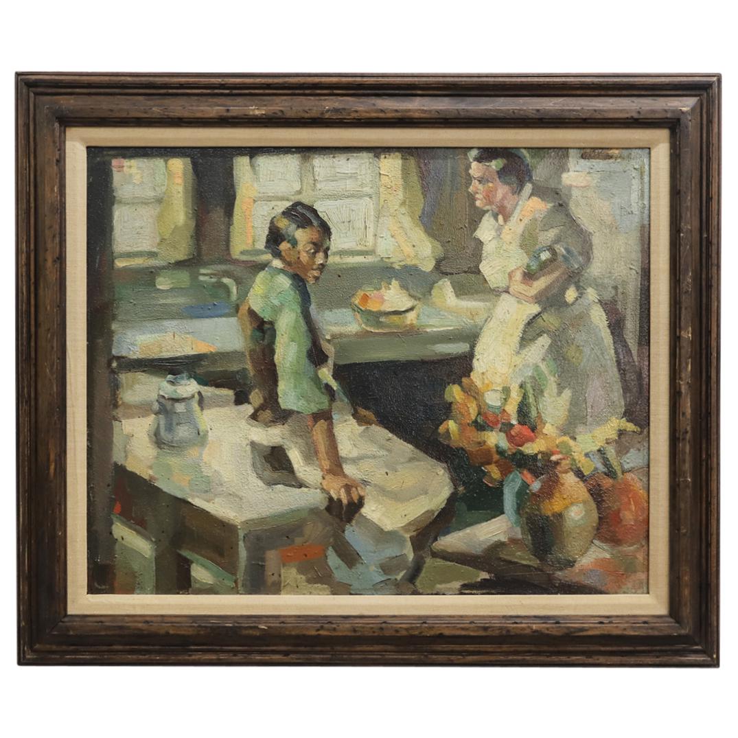 Antique Impressionist Oil Painting: DESCRIPTION: An Antique Impressionist painting depicts a Mid Century period scene with two figures in a kitchen setting, further painted on the verso with a portrait of a young woman. Unsigned. CIRCA: