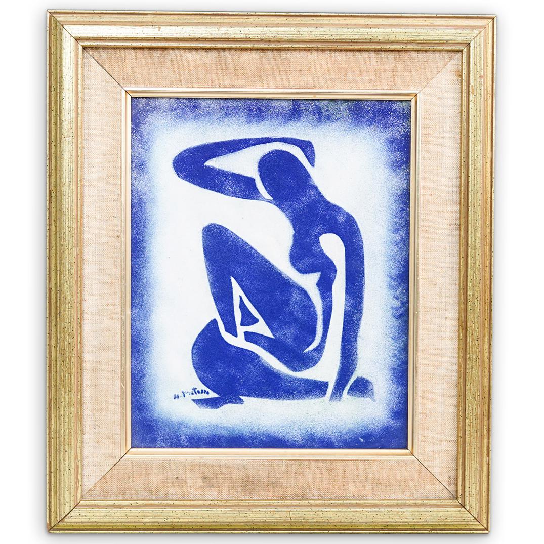 After Matisse Enamel Plaque: DESCRIPTION: An Enamel over copper plaque After Matisse depicting the famous blue nude, signed along the bottom left "H. Matisse". Completed in a matte gilt frame. CIRCA: 20th Century ORIGIN: Continen