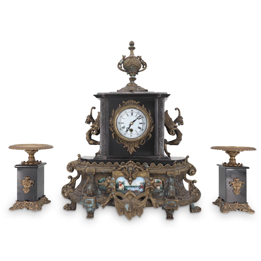 (3 Pc) Antique Brass and Marble Mantle Clock Set (1 of 9)