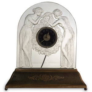 Rene Lalique Art Deco 'Deux Figurines' Glass Luminaire Clock