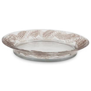 Rene Lalique "Faisans" Oval Platter: DESCRIPTION: Rene Lalique "Faisans" oval platter with pheasant and floral wreath reliefs. Acid Stamped: "R. Lalique" at underside. CIRCA: Early 20th Century ORIGIN: France DIMENSIONS: H: 2.75" x D: