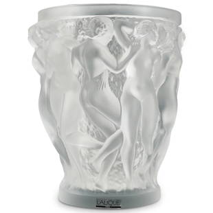 Lalique Crystal 'Bacchantes' Vase in Box: DESCRIPTION: Lalique Crystal 'Bacchantes' Vase. The cylindrical body moulded with a continuous scene of dancing maidens, completed in a frosted finish. Inscribed 'Lalique France'. Includes original