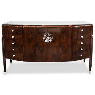 Jules Leleu Art Deco Inlaid Sideboard: DESCRIPTION: Jules Leleu Art Deco inlaid sideboard with center hinged cabinet doors, flanked by five stacked drawers with carved knob handles. Center doors with inlaid foliate medallion, opens to reve