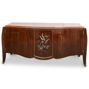 Attrib. Jules Leleu French Art Deco Inlaid Sideboard: DESCRIPTION: Jules Leleu attributed French Art Deco inlaid sideboard. Features an abalone inlaid dove and floral bouquet designed door panel, sideboard with a mahogany foundation and three hinged