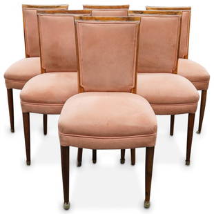 (6Pc) Jules Leleu Mahogany Dining Chair Set: DESCRIPTION: (6Pc) Jules Leleu Art Deco dining chair set composed of wood with peach suede upholstery. Impressed: "Leleu Paris Made In France" with consecutive numbering to other leg, (Ex. 26411,