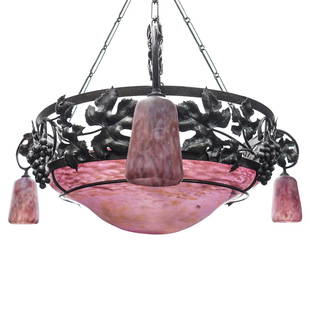 Daum Nancy Wrought Iron Three-Arm Chandelier: DESCRIPTION: Daum Nancy Art Deco chandelier with three arm, silvered wrought iron frame, designed with scrolling vine and grape cluster forms. Each arm with purple and red glass hanging shades,