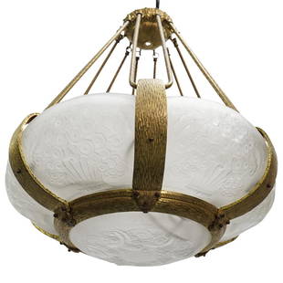 Muller Freres Luneville Art Deco Gilt Bronze Chandelier: DESCRIPTION: Muller Freres Luneville Art Deco chandelier with ornate gilt bronze frame, six frosted glass panel shades, surrounding a central dome glass shade with floral motifs. Each glass shade with