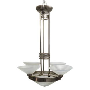 Georges Leleu French Art Deco Five Light Chandelier: DESCRIPTION: Georges Leleu French Art Deco five light chandelier with modernist form and nickel plated metal frame. Features molded opalescent glass center shade surrounded with four outer shades all