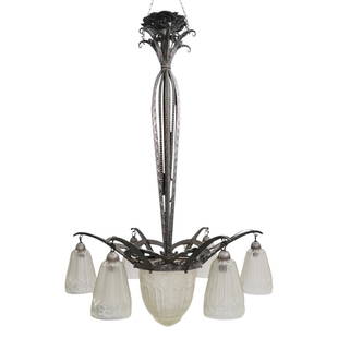 French Art Deco Silvered Iron & Molded Glass Chandelier: DESCRIPTION: French Art Deco chandelier with six arm, foliate relief designed iron frame, featuring six molded glass hanging shades surrounding a center molded glass shade. CIRCA: Early 20th Century
