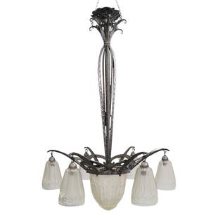 French Art Deco Silvered Iron & Molded Glass Chandelier: DESCRIPTION: French Art Deco chandelier with six arm, foliate relief designed iron frame, featuring six molded glass hanging shades surrounding a center molded glass shade. CIRCA: Early 20th Century O