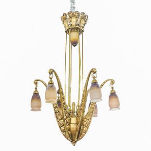 Art Deco French Gilt Bronze Seven-Light Chandelier: DESCRIPTION: Art Deco French gilt bronze floral relief chandelier with six scrolling arms, supporting six hanging, blown glass shades, completed with an inverted lit shade above and floral bouquet