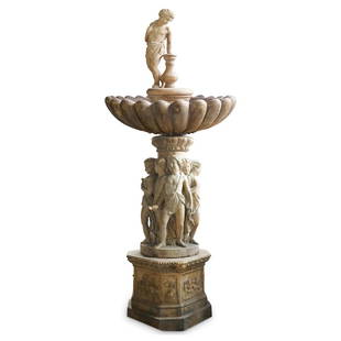 Late 19th Cent. Monumental Italian Terracotta Fountain: DESCRIPTION: A monumental late 19th Century fountain composed terracotta, features intricately carved figural groups with allegorical themed forms, supporting a large circular, lobed edge water