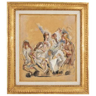 Jules Pascin (1885-1930) "Reunion Feminine" Oil on Canvas Painting: DESCRIPTION: Jules Pascin (1885-1930) "Reunion Feminine" Oil on paper laid down on canvas painting, titled: "Reunion Feminine" signed lower left, mounted in gilt frame, label from Christie's Auctions: