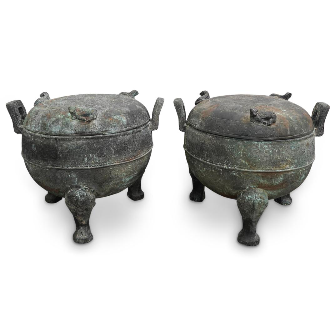 Pair Of Chinese Large Lidded Ding Bronze Ritual Cauldrons (1 of 12)