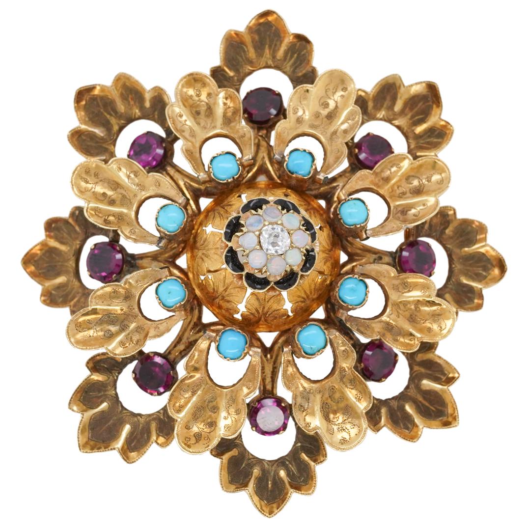 Unique 14k Etruscan Style Mechanical Precious Stone Brooch (1 of 7)
