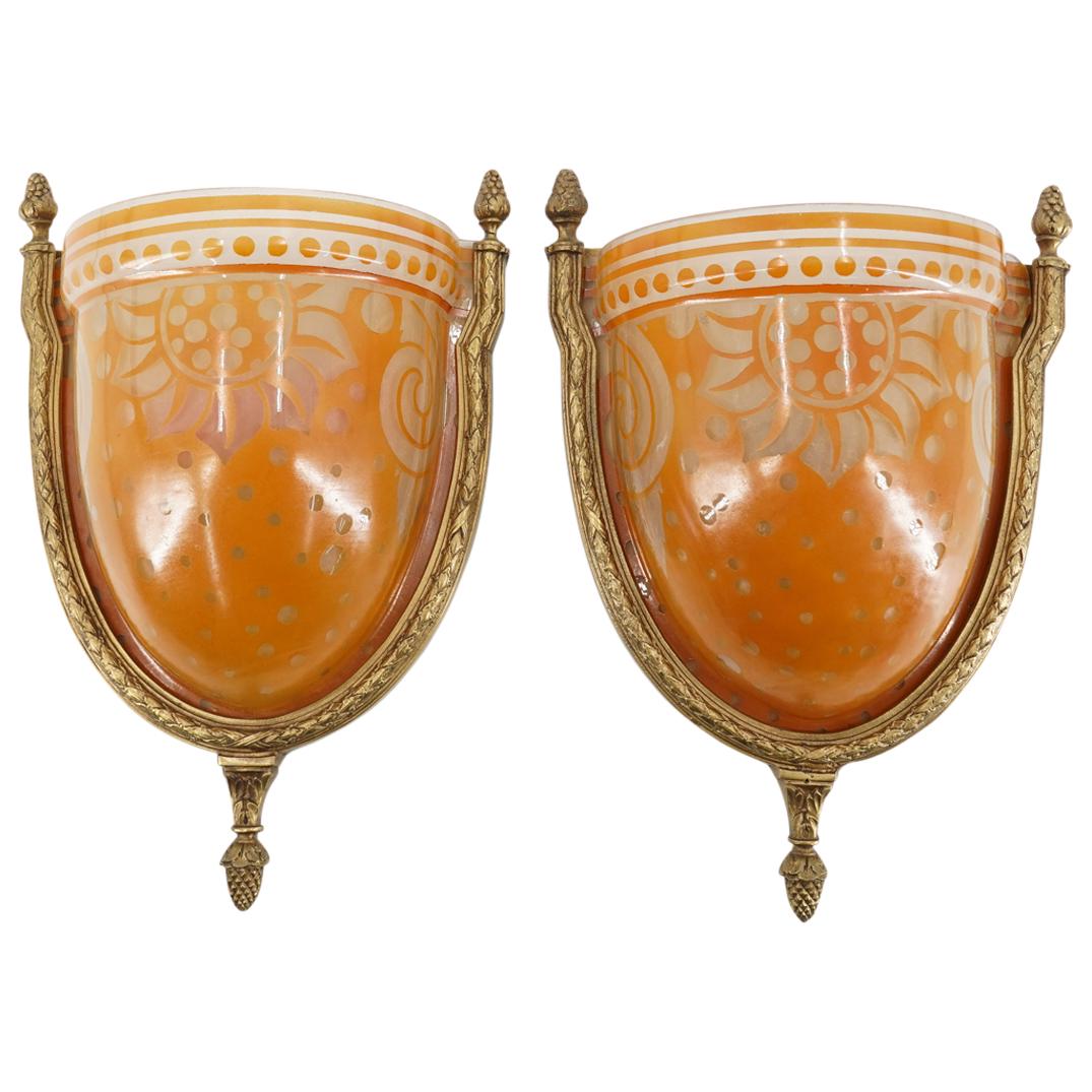 Pair of Antique Brass & Painted Glass Sconces (1 of 8)