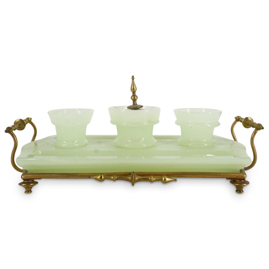 Victorian French Vaseline Glass Inkwell Set (1 of 5)
