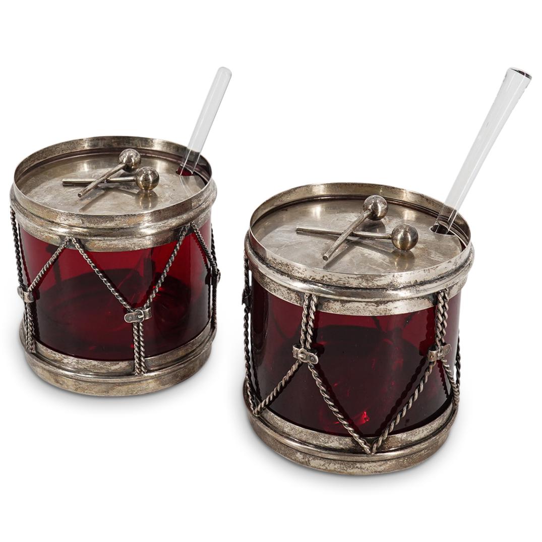 Pair Of Sterlong R. Blackinton Drum Salt Cellars W/ Baccarat Spoon (1 of 7)