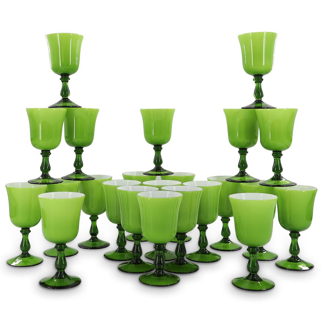 (23 Pc) Mid Century European Green And White Water Goblets (1 of 5)