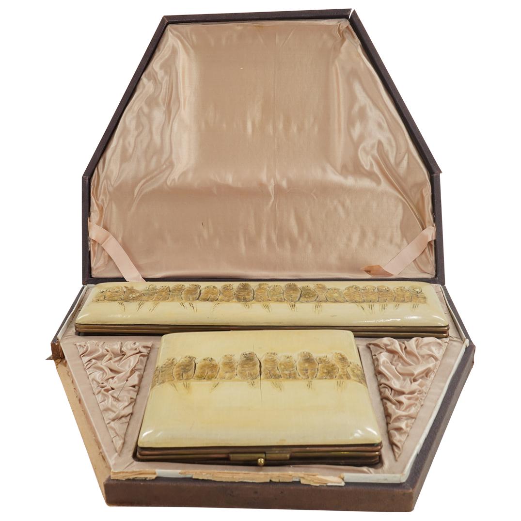 19th Century Vanity Boxes W/ E. Sineux Et Cie Glove Set: DESCRIPTION: Two vanity boxes-one long and narrow, one almost square-each featuring a bone lid decorated with bird designs in relief. Each box has an accordion body embellished with a fabric lined int