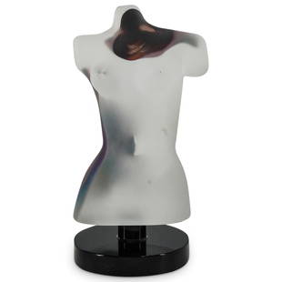 Dino Rosin (Italian, born 1948) "Aphrodite" Nude Glass Torso: DESCRIPTION: Frosted Murano glass sculpture by Italian artist Dino Rosin (b. 1945) titled "Aphrodite"; Depicting a nude female torso with two colorful spotted areas at the right side, and upper