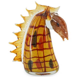 Large Murano Glass Horse Head Sculpture: DESCRIPTION: A large Murano art glass horse head sculpture in amber translucent glass; embellished with yellow, red and orange Sommerso interior. Marked with Murano sticker on the underside. 