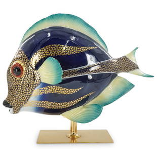 Vintage Oggetti Porcelain Fish Sculpture On Stand: DESCRIPTION: A vintage 1980 large hand painted Oggetti style porcelain fish sculpture. Hand painted with blue and green colors, and further decorated with overall gilt details. Mounted to a custom pol