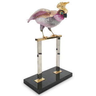 Vintage Oggetti Porcelain Parrot Sculpture: DESCRIPTION: A vintage Italian Oggetti painted porcelain parrot sculpture. Depicts a large glazed porcelain parrot figure perched atop a brass and resin stand. Marked with Oggetti sticker label. CIRCA