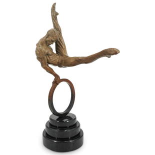 Richard MacDonald (American, 1946) Figural Bronze Sculpture: DESCRIPTION: A Richard MacDonald (American, 1946) 1996 gymnastic figural bronze sculpture atop a circular plinthed black marble circular base. Created by artist Richard MacDonald for the 1996 Atlanta