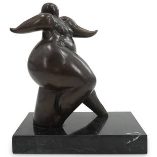 Miguel Fernando Lopez 'Milo' (Portuguese, 20th Cent.) Bronze Figural Sculpture: DESCRIPTION: Miguel Fernando Lopez 'Milo' (Portuguese, 20th Century) abstract figural sculpture composed of patinated bronze depicting an oversized female nude figure. Mounted to a black rectangular