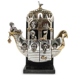 Frank Meisler (Israeli, 1929â€“2018) "Noahs Ark" Gold & Silver Plated Metal Sculpture: DESCRIPTION: Large gold and silver plated metal sculpture by Israeli artist Frank Meisler (1929-2018) titled "Noah's Ark"; Depicting a boat with a bird form figurehead, sculptural animals throughout,