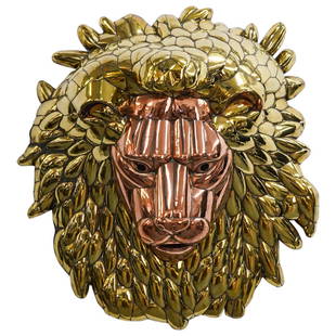 Sergio Bustamante (Mexican, 1934â€“2014) "King of the Jungle" Metal Wall Sculpture: DESCRIPTION: Mixed metal wall sculpture by renowned Mexican artist Sergio Bustamante (1934-2014) titled "King of the Jungle"; Depicting a lions face in copper surrounded by a wavy mane completed in go