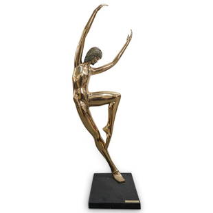 Prince Monyo Simon Mihailescu-Nasturel (Romanian, b. 1926) "Nureyev Dancing" 2/15 Bronze Sculpture: DESCRIPTION: 2/15 Bronze sculpture by American Romanian artist Prince Monyo Simon Mihailescu-Nasturel (b. 1926) titled "Nureyev Dancing"; Depicting a parcel gilt ballerina posing on one foot with her