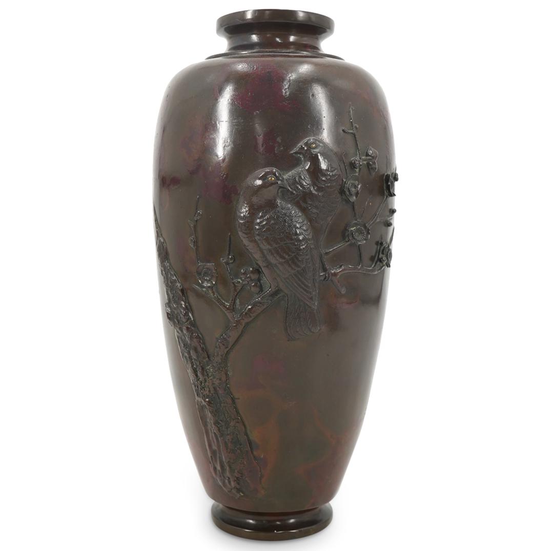 Antique Japanese Meiji Patinated Bronze Golden Eyed Bird Vase (1 of 4)