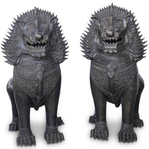 Pair Of Large Antique Cast Bronze Thai Guardian Lions