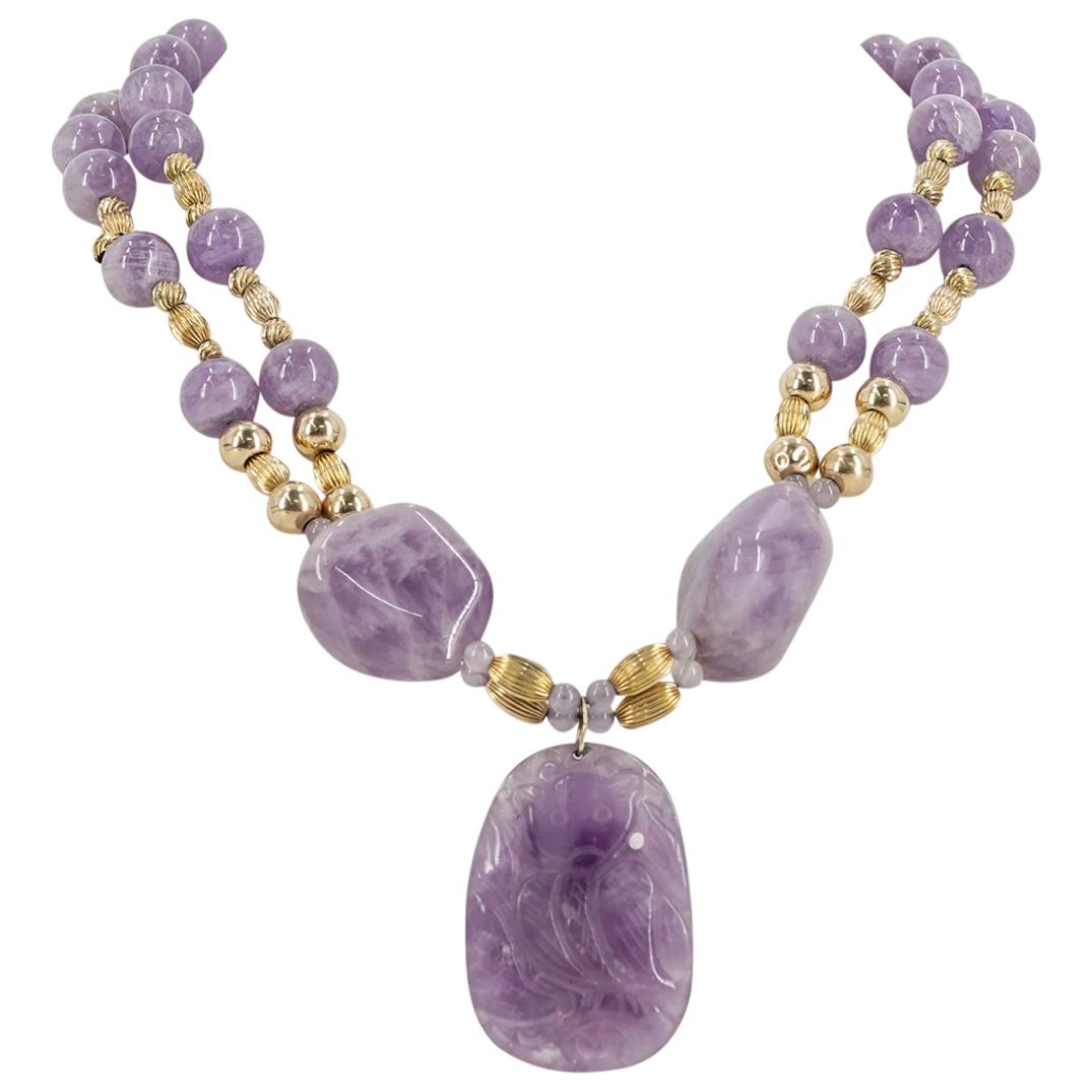 Chinese Carved Amethyst Quartz and 14k Gold Beaded Necklace (1 of 5)