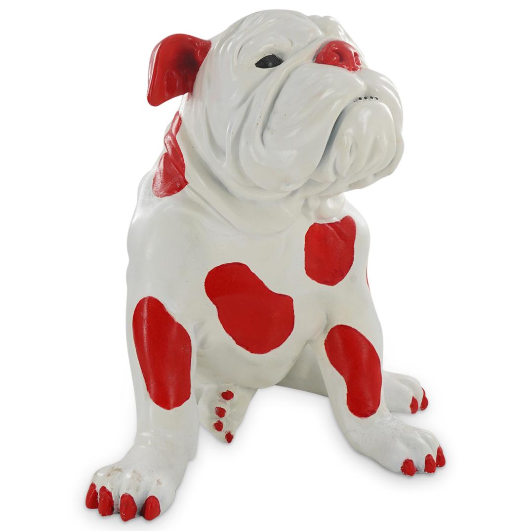 Karin Akermann (American) Resin Bulldog Sculpture: DESCRIPTION: Fiberglass and resin sculpture by American artist Karen Akermann-Fry for Mind of a Canine; Depicting a seated white bulldog with red spots. Includes a certificate of authenticity from Min