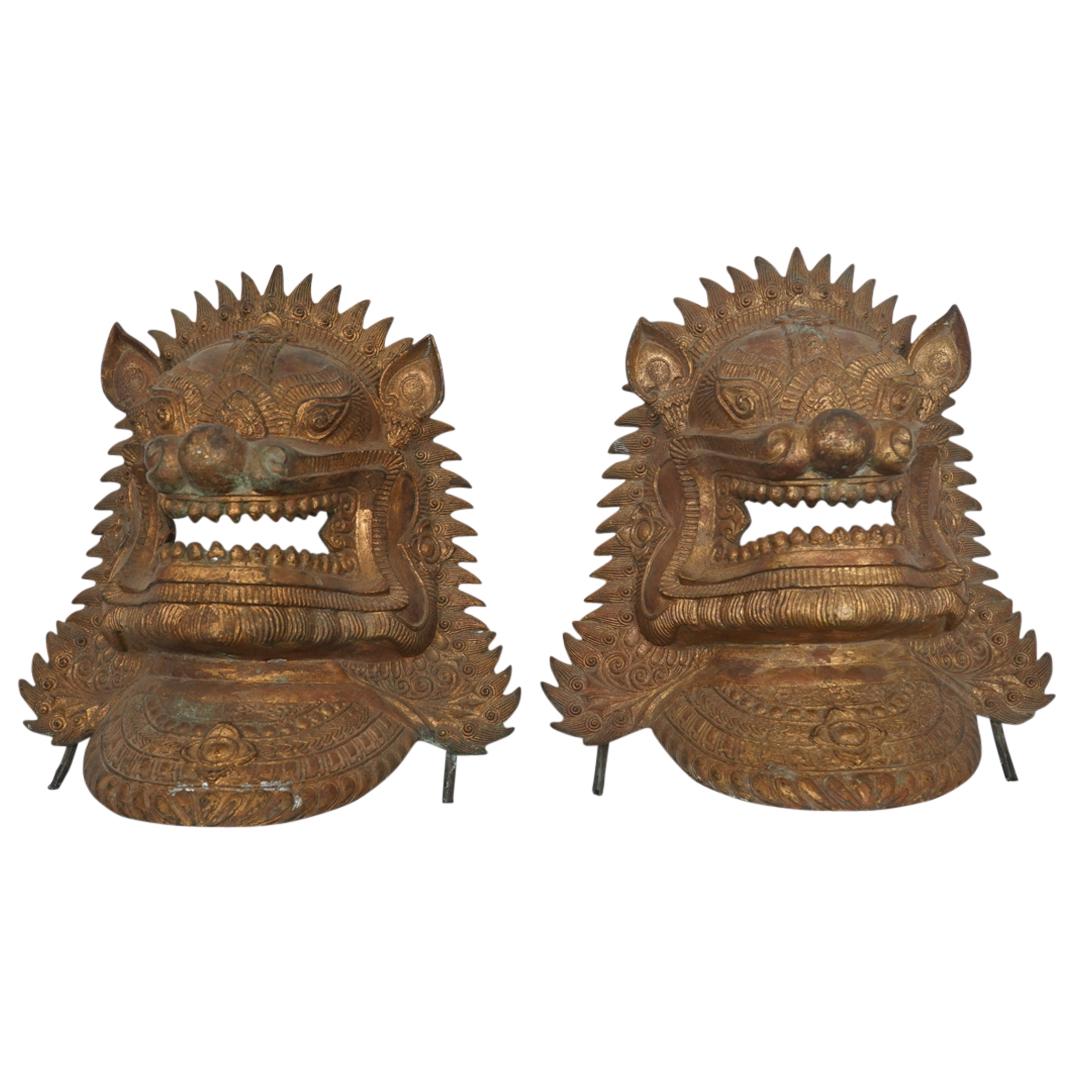 Pair Of Bronze Singha Guardian Lion Masks (1 of 4)
