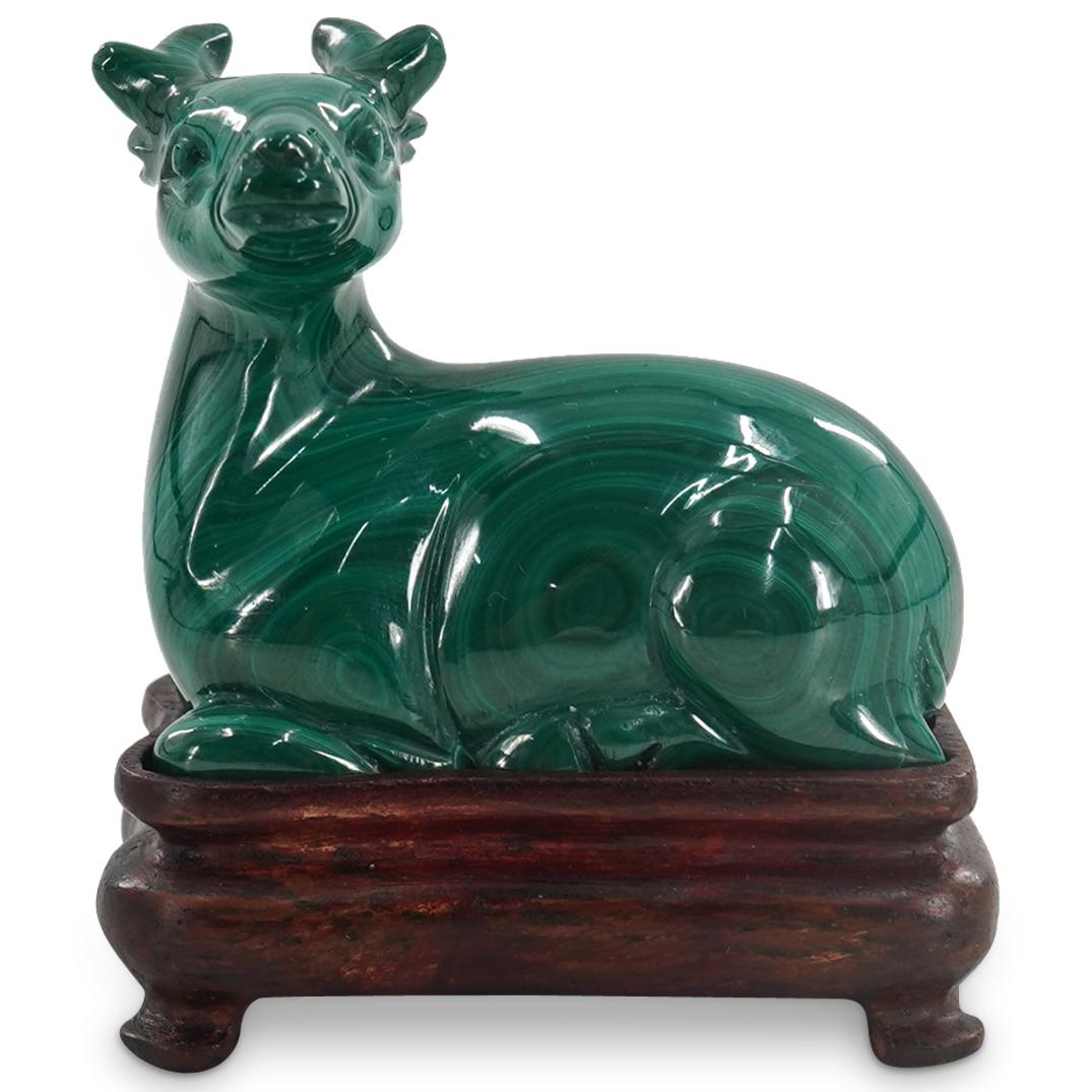 Antique Chinese Carved Malachite Deer On Wooden Stand (1 of 4)