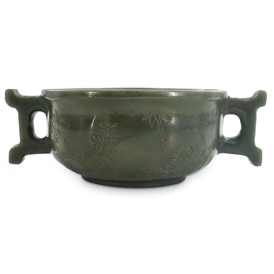 Antique Chinese Spinach Jade Handled Bowl (1 of 5)