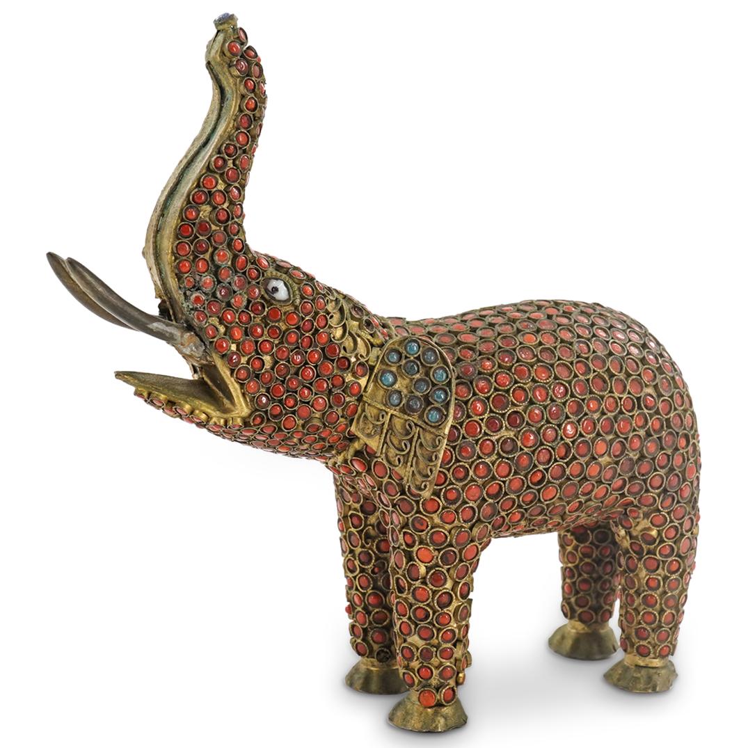 Antique Tibetan Red Coral Inlaid Bronze Elephant (1 of 4)